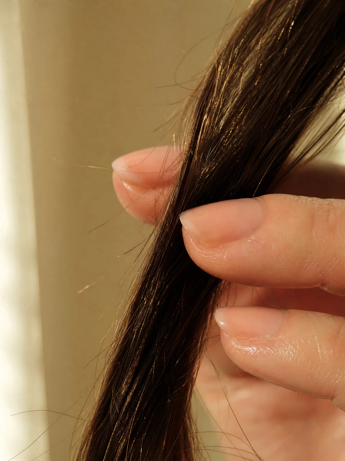 Cheveux secs adoucis - mèche brunette glissant entre les doigts
